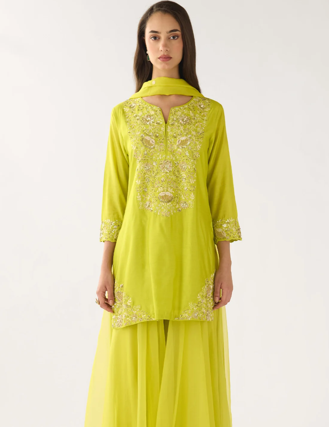 Lime Chanderi Embroidered Sharara Set