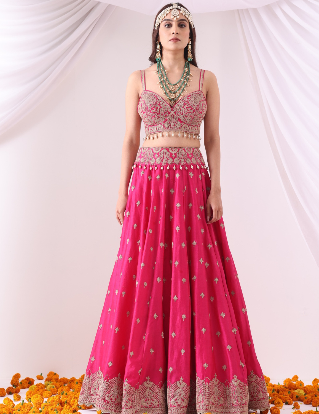 Aabroo Magenta Zari Embroidered Chanderi Lehenga Set