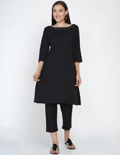 Black cotton contrast-stitched A-line kurta