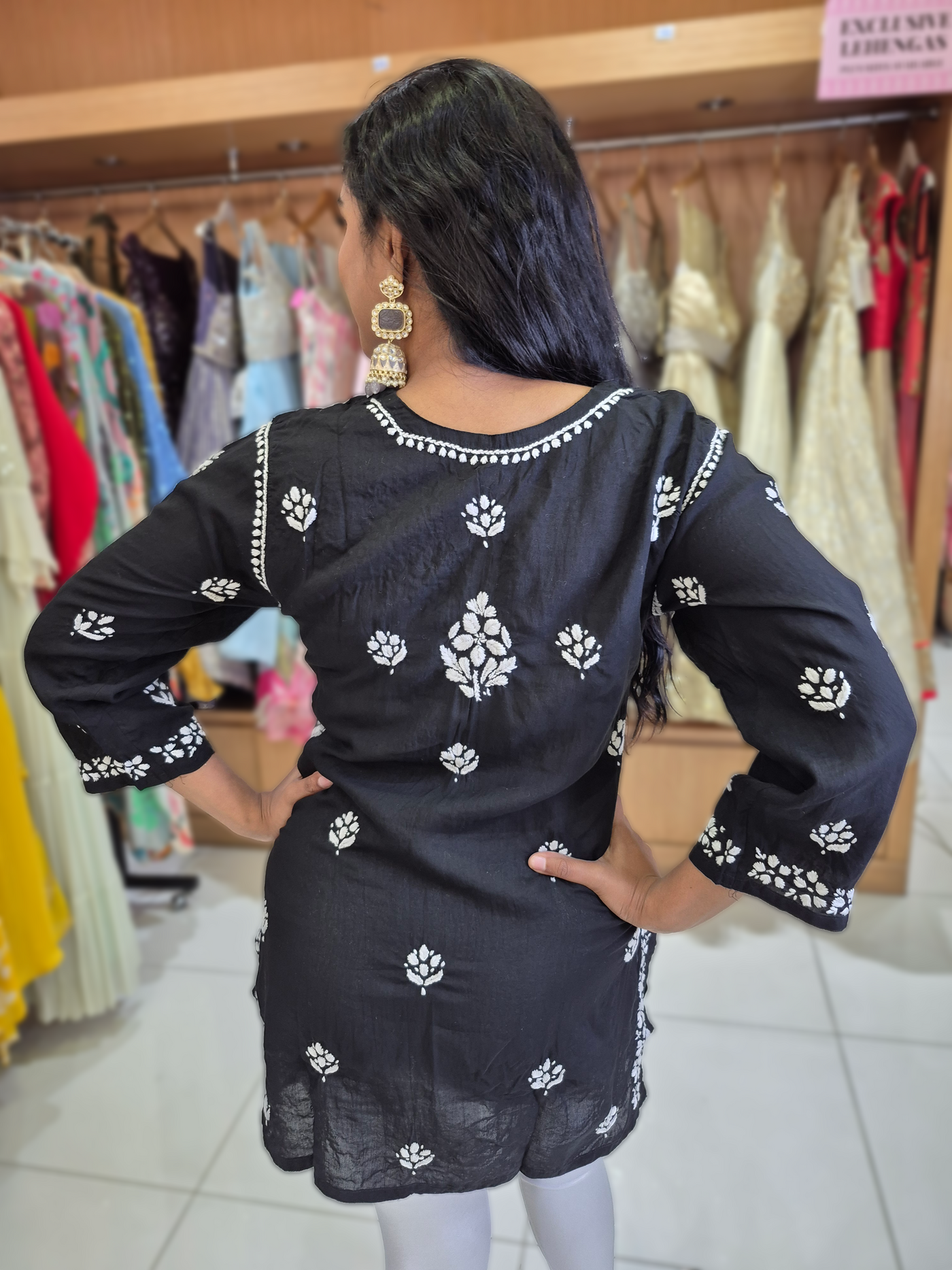 Available Till Size 44 Black & White Chikankari Short Kurti