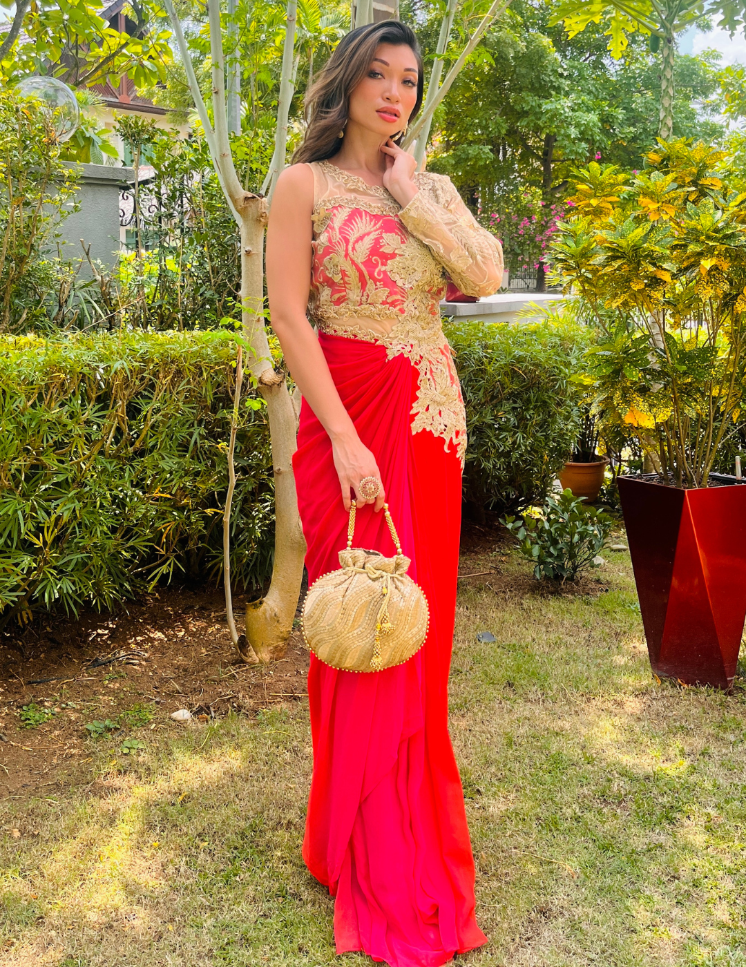 party dress singapore Cherry Red Draped Saree Style Gown