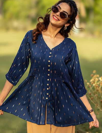 Blue Woven Design Cotton Blend A-line Kurti