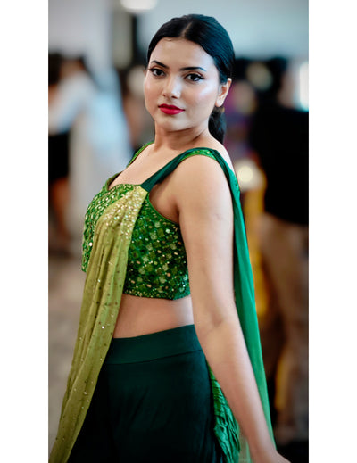 Green Pre-Draped Saree