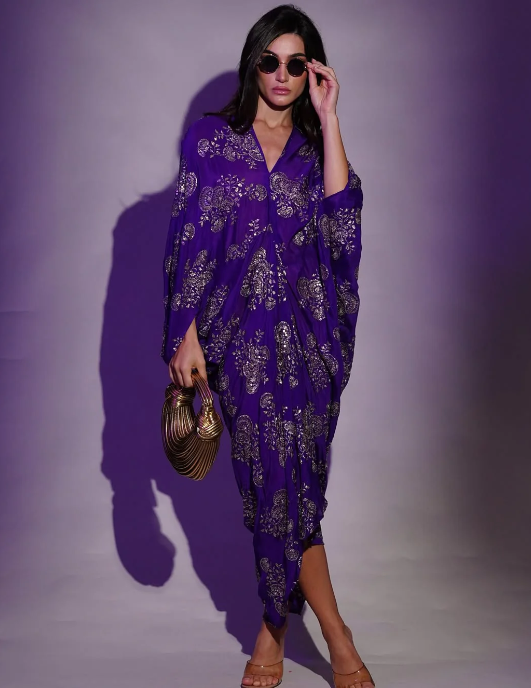 Royal Purple Chinon Embroidered Midi Dress