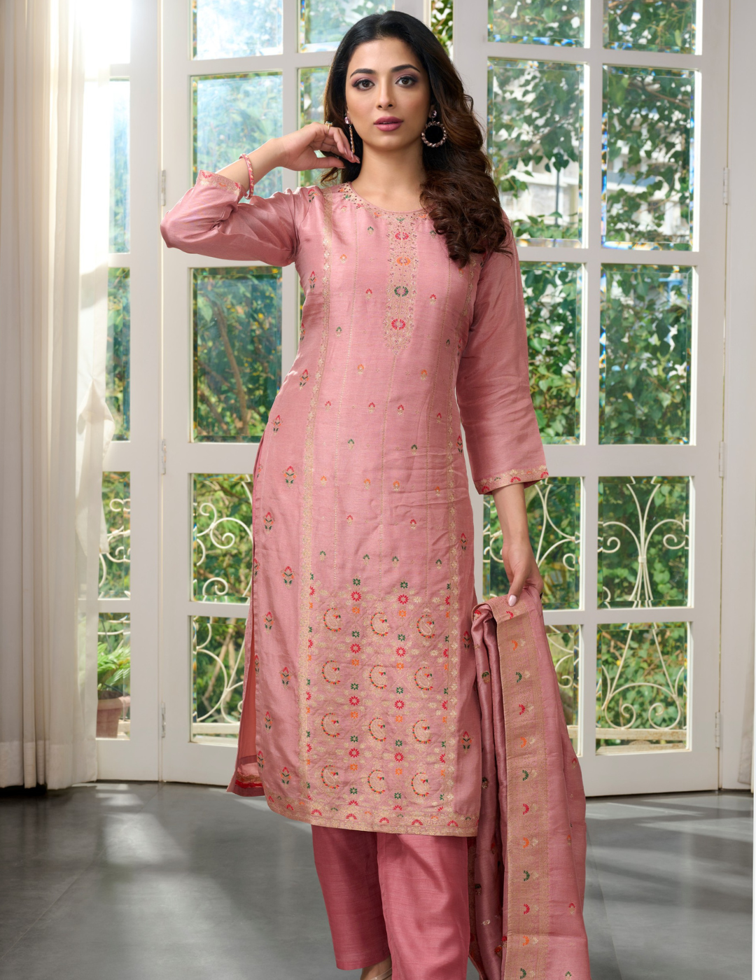 Woven Art Silk Jacquard Pakistani Suit in Pink