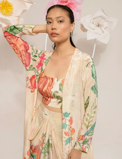 Cream Digital Print Jacket Set