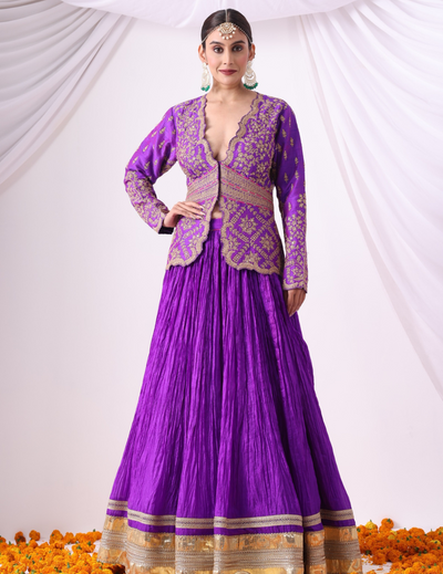 Aabha Violet Crushed Silk Skirt Set