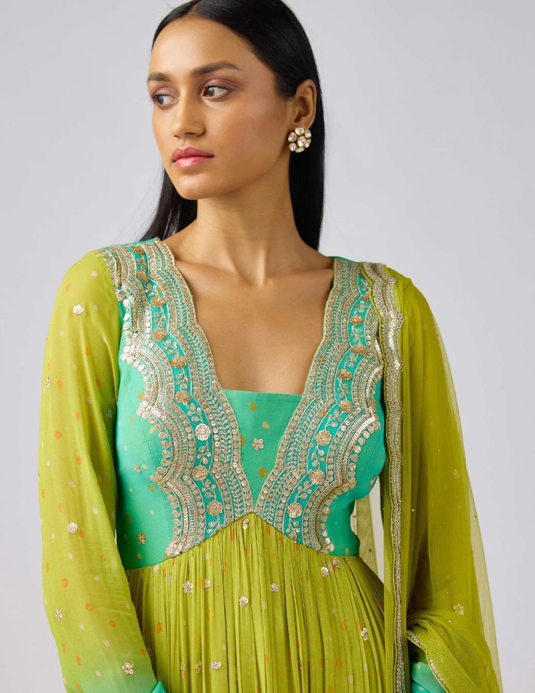 Lime Georgette Embroidered Anarkali Set
