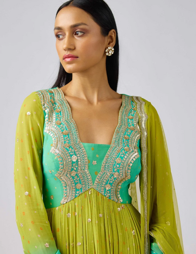 Lime Georgette Embroidered Anarkali Set