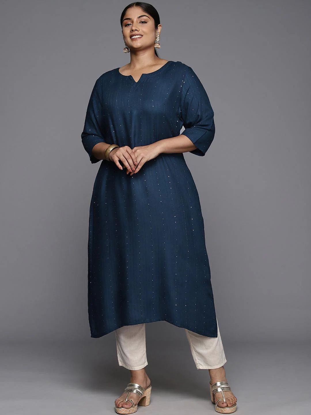 Navy Blue Rayon Embroidered Kurta