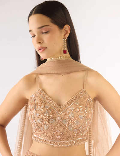 Beige Georgette Embroidered Lehenga Set