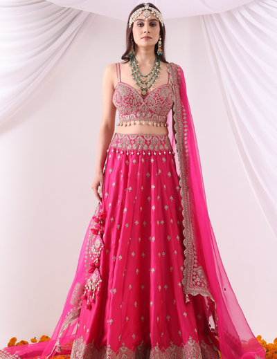 Aabroo Magenta Zari Embroidered Chanderi Lehenga Set