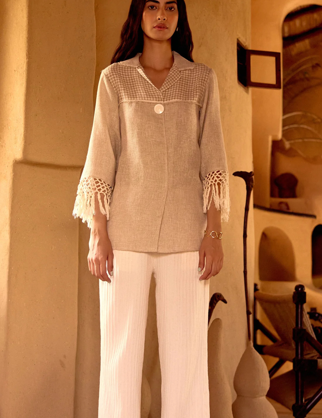 Ivory Stone Drift Embroidered Jute Shirt