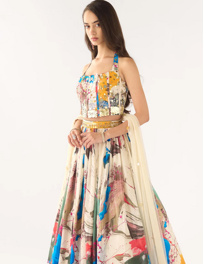 Blue Crepe Sequins Embroidered Lehenga Set