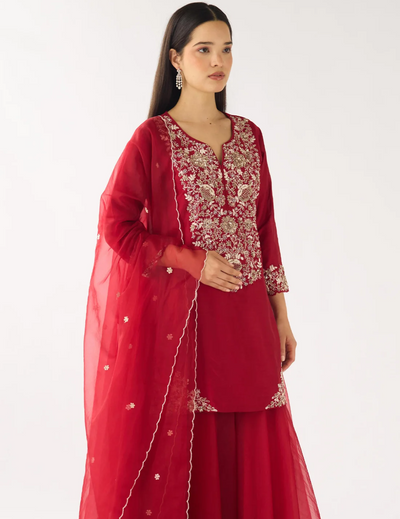 Red Chanderi Embroidered Sharara Set