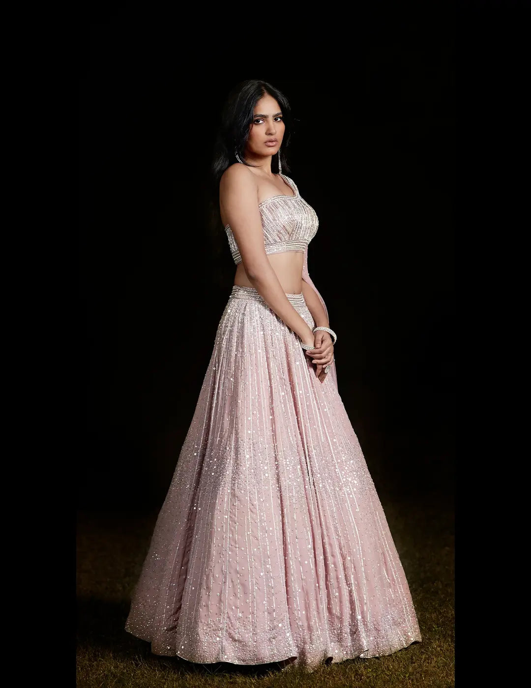 Pink One Shoulder Embroidered Lehenga