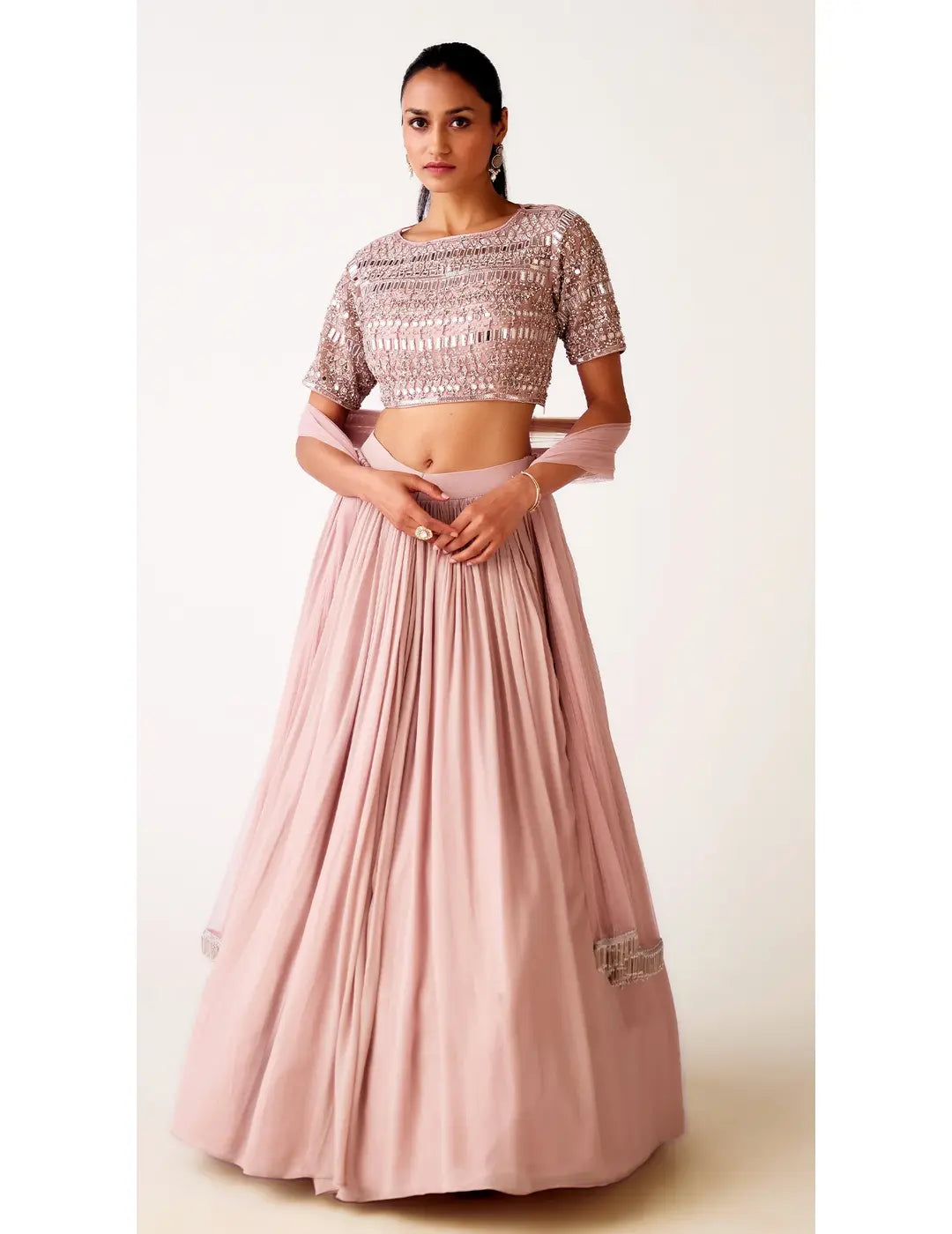 Pink Chinon Embroidered Lehenga Set