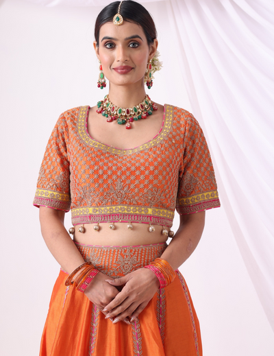 Surya Orange Zari Embroidered Chanderi Lehenga Set