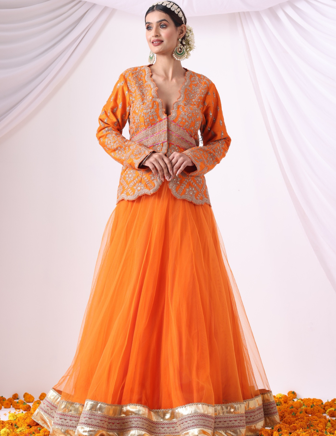 Tej Orange Net Skirt Set