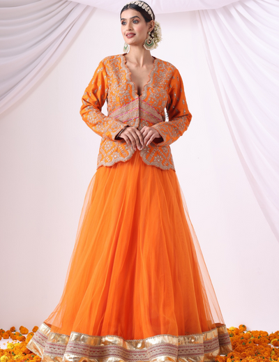 Tej Orange Net Skirt Set