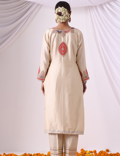 Saanvi Ivory Embroidered Kurta Set with Palazzo & Dupatta