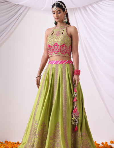 Sitara Parrot Green Zari Chanderi Lehenga Set
