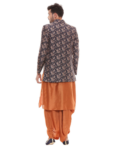 Rust Orange Collared Kurta With Dhoti Pants Paired With Applique Floral Jacket