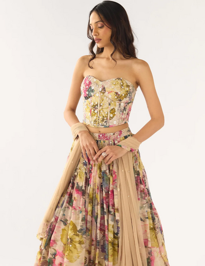 Beige Organza Embroidered Lehenga Set