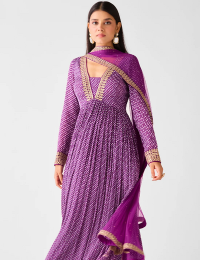 Purple Chinon Zari Work Anarkali Set
