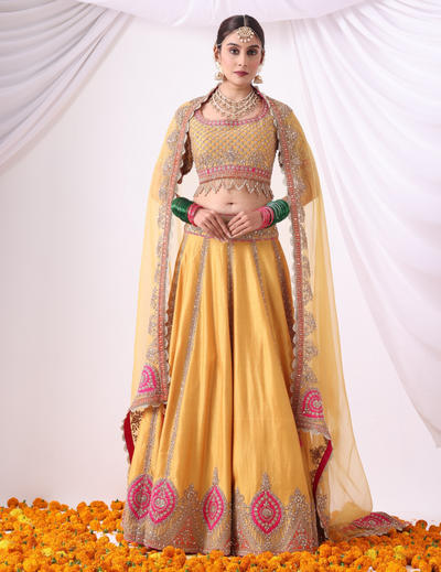 Aaranya Mustard Zari Embroidered Chanderi Lehenga Set