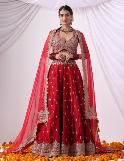 Mehr Maroon Zari Embroidered Chanderi Lehenga Set