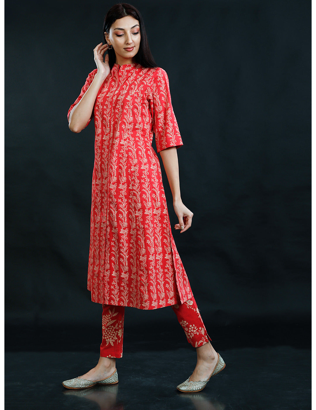 Red Cotton A-Line Kurta