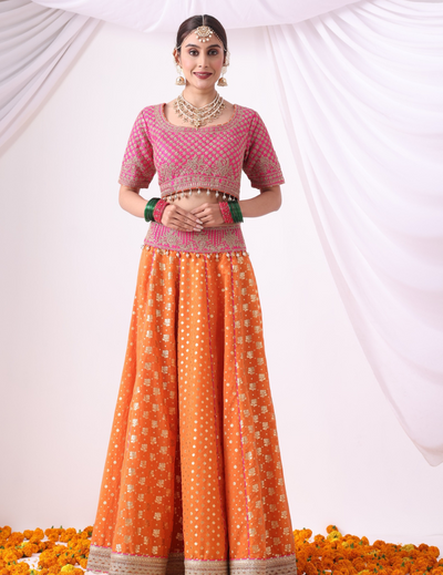 Ruhani Orange & Magenta Zari Buti Chanderi Lehenga Set