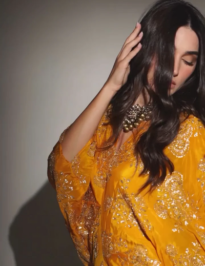 Yellow & Gold Chinon Embroidered Midi Dress