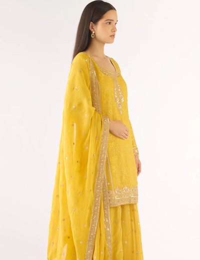 Yellow Banarasi Embroidered Sharara Set