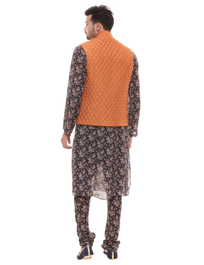 Applique Floral Kurta Set With Chudidaar And Quilted Sleeveless Jacket