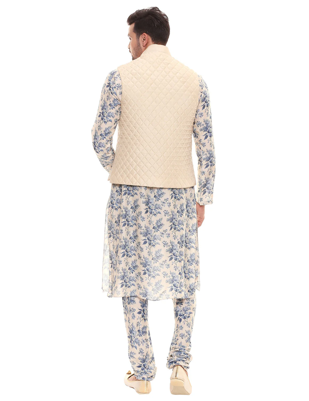 Applique Floral Kurta Set With Chudidaar And Quilted Sleeveless Jacket
