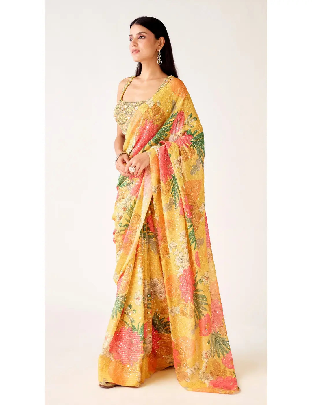 Mustard Georgette Embroidered Saree