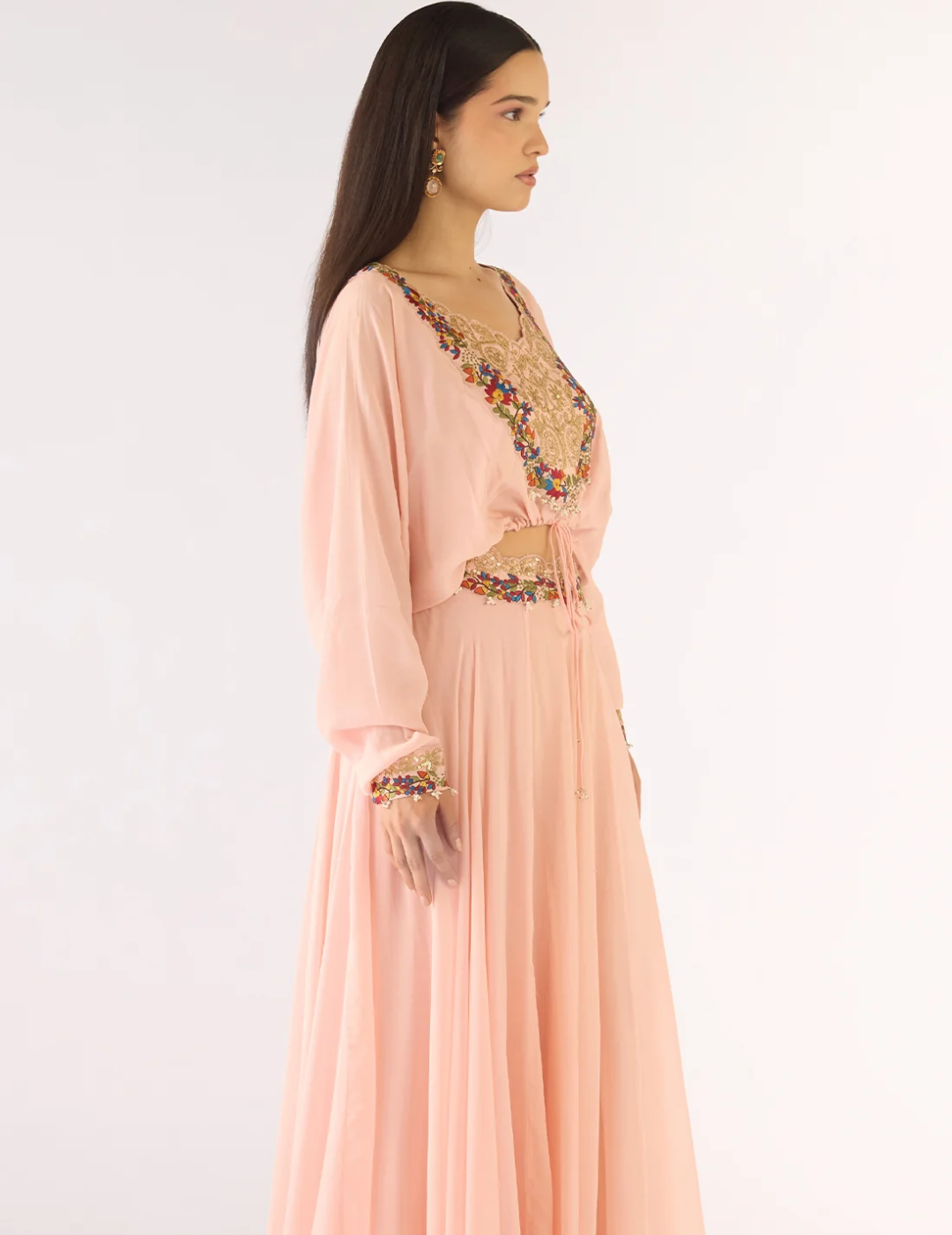 Pink Satin Crepe Embroidered Skirt Set