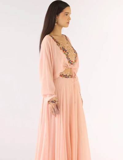 Pink Satin Crepe Embroidered Skirt Set