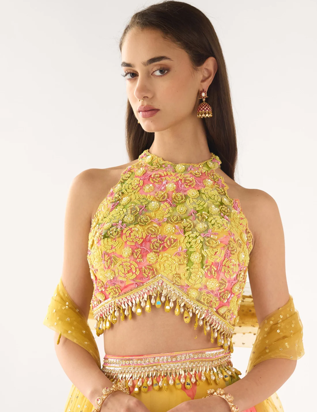 Yellow Georgette Embroidered Lehenga Set