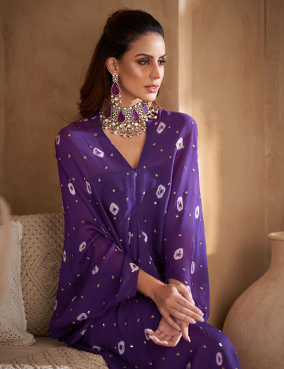 Deep Purple Chinon Embroidered Midi Dress