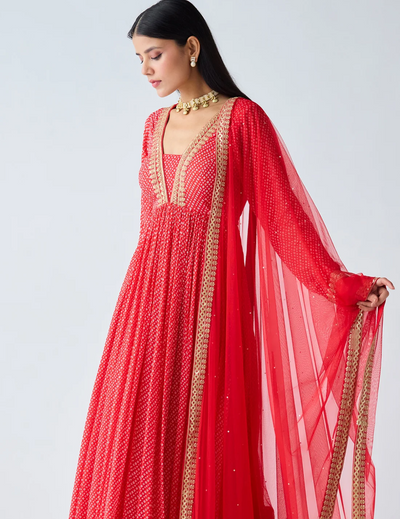 Red Zari Work Anarkali Set