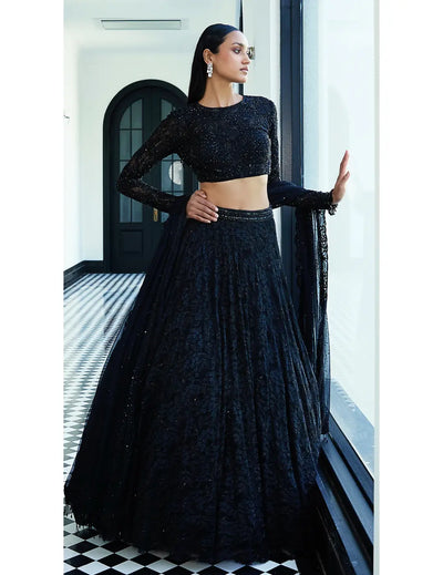 Black Chantilly Net Embroidered Lehenga Set