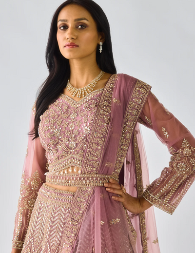 Peach Net Embroidered Lehenga Set