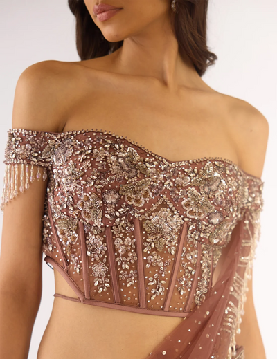 Brown Soft Net Embroidered Lehenga Set