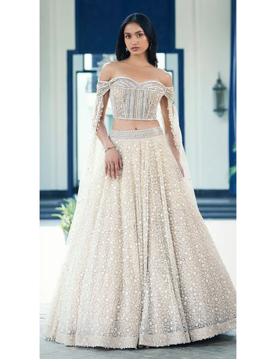 Beige Sequins Net Embroidered Lehenga Set