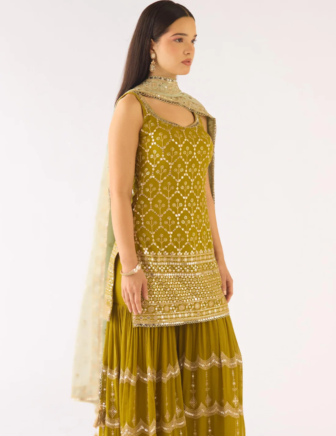 Lime Georgette Embroidered Sharara Set