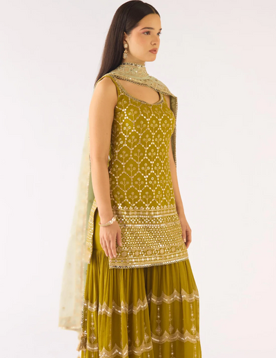 Lime Georgette Embroidered Sharara Set