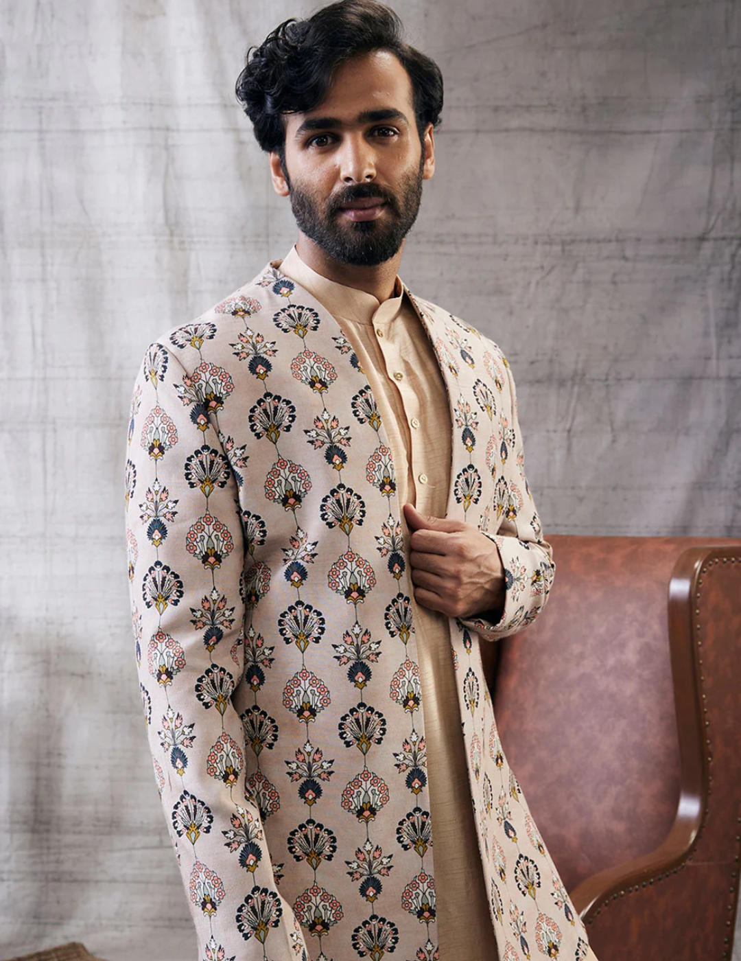 Sarouk Printed Longline Jacket With Kurta Set